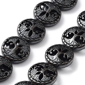 Synthetic Non-Magnetic Hematite Hollow Beads Strands, Flat Round with Tree of Life