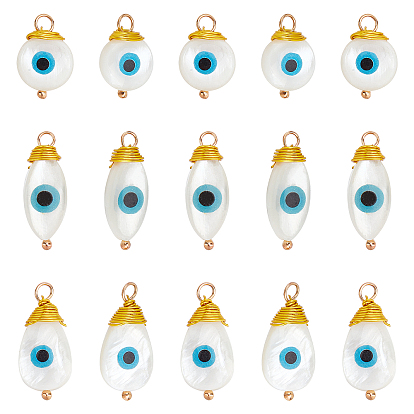 18Pcs 3 Style Freshwater Shell Pendants, with Golden Brass Findings, Flat Round & Teardrop with Evil Eye