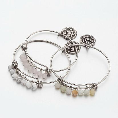 Réglable 304 bracelet de pierres précieuses en acier inoxydable, lotus plat rond et ohms pendentif