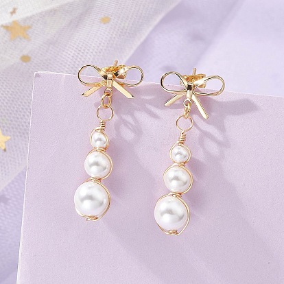 Серьги-гвоздики с кисточками из ракушек и жемчуга в форме банта, с латунными серьгами