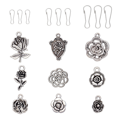 DIY Zipper Puller Kit, with Iron Keychain Clasps Finding, Tibetan Style Alloy Pendants and Filigree Joiners Links, Rose Flower