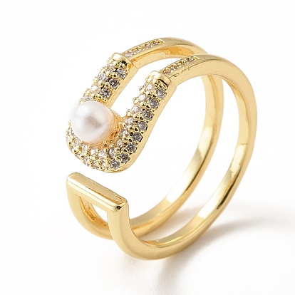 Cubic Zirconia Initial Letter U Open Cuff Ring with Imitation Pearl, Real 18K Gold Plated Brass Jewelry for Women, Lead Free & Cadmium Free