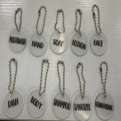 10Pcs 10 Styles Disc Acrylic Hanging Ornaments with Iron Ball Chains for Bathroom, Platinum