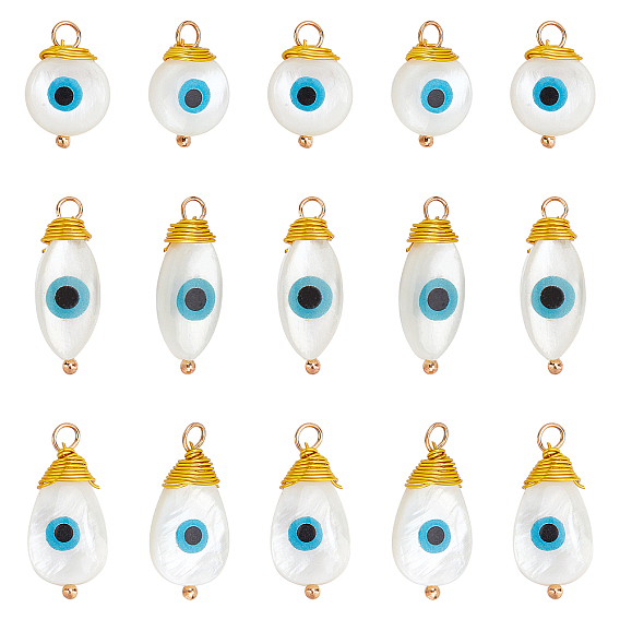 18Pcs 3 Style Freshwater Shell Pendants, with Golden Brass Findings, Flat Round & Teardrop with Evil Eye