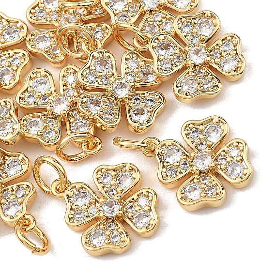 SHEGRACE Brass Micro Pave Clear Cubic Zirconia Pendants, Cadmium Free & Nickel Free & Lead Free, Four Leaf Clover Charms