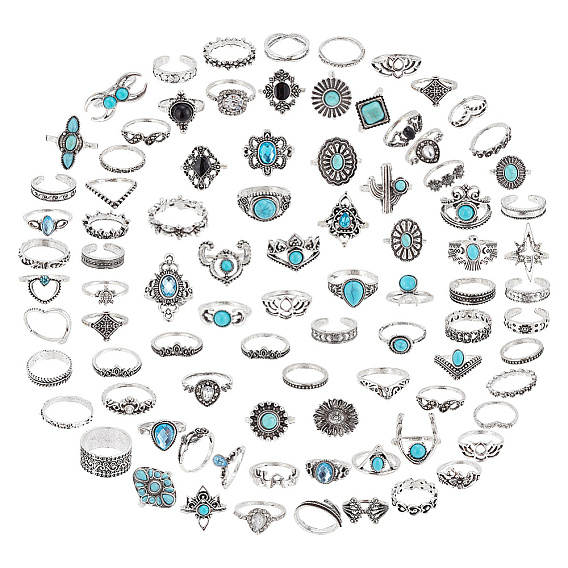 85 шт. 85 набор открытых колец-манжет в виде ромба, короны, сердца, луны и цветка со стразами и бусинами из искусственной бирюзы, кольца из сплава для женщин