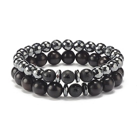 Natural Wood Round Beads Stretch Bracelets Set, Synthetic Hematite & Natural Agate Beads Stone Bracelets for Men Women
