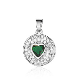 Brass Micro Pave Cubic Zirconia Pendants, Flat Round with Heart Charms