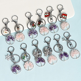 Natural Amethyst Keychain, with Alloy Enaemel Finding, Christmas Tree, Tree of Life