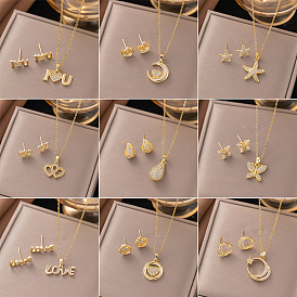 Комплекты из серег-гвоздиков и ожерелий с подвесками из латуни с микропаве из прозрачных кубических цирконий, буква/луна/морская звезда/сердце/слеза/бабочка/плоский круг