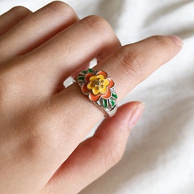 Adjustable Alloy Enamel Finger Rings for Women, Flower