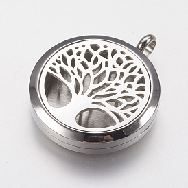 316 Surgical Stainless Steel Diffuser Locket Pendants, with Perfume Pad and Magnetic Clasp, Flat Round with Tree
