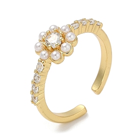 Flower Rack Plating Brass Micro Pave Cubic Zirconia Cuff Finger Rings for Women, with ABS Imitation Pearl Bead, Cadmium Free & Lead Free, Long-Lasting Plated