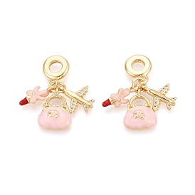 Европейские подвески-шармы из латуни с микропаве из прозрачных кубических цирконий и эмали, сумочка, помада и самолет, Подвески с большими отверстиями, реальный 18 k позолоченный