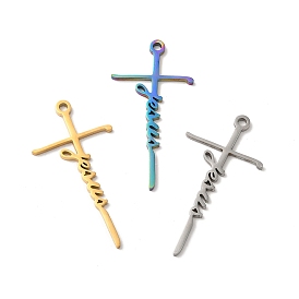 Ion Plating(IP) 304 Stainless Steel Pendants, Cross with Word Jesus Charm