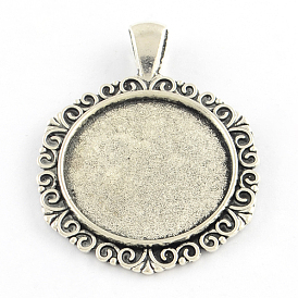 Tibetan Style Flat Round Alloy Pendant Cabochon Settings, Cadmium Free & Lead Free, Tray: 25mm, 44x33.5x2.5mm, Hole: 6x4mm, about 145pcs/1000g