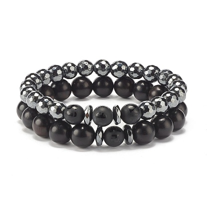 Natural Wood Round Beads Stretch Bracelets Set, Synthetic Hematite & Natural Agate Beads Stone Bracelets for Men Women