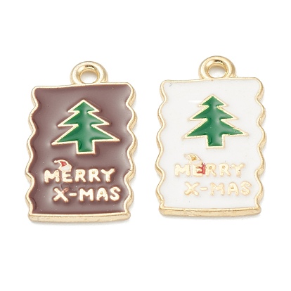 Alloy Enamel Pendants, for Christmas, Light Gold Plated, Rectangle with Tree Pattern