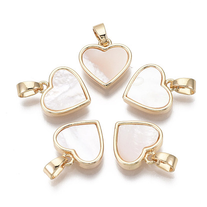 Brass Charms, with Freshwater Shell, Nickel Free, Real 18k Gold Plated, Heart