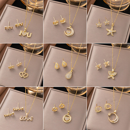 Комплекты из серег-гвоздиков и ожерелий с подвесками из латуни с микропаве из прозрачных кубических цирконий, буква/луна/морская звезда/сердце/слеза/бабочка/плоский круг