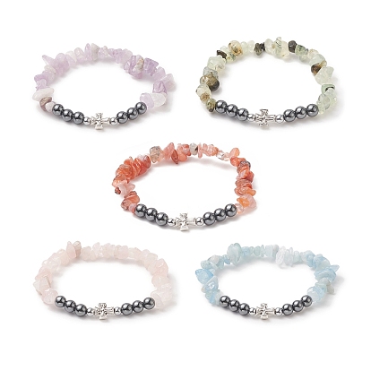Natural Mixed Gemstone Chips & Synthetic Hematite & Alloy Cross Beaded Stretch Bracelet for Women