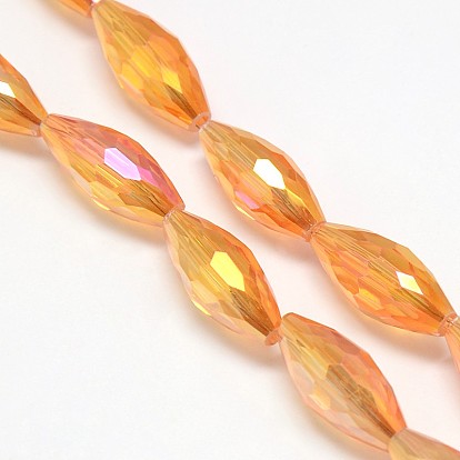 Electroplate Crystal Glass Rice Beads Strands, Faceted, Rainbow Color Plated, 19x8mm, Hole: 1mm, about 40pcs/strand, 29.1 inch