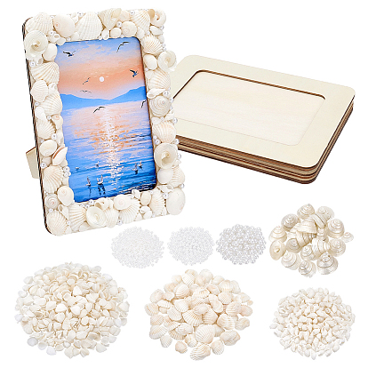Наборы материалов для изготовления деревянных подставок для фоторамок своими руками, включить в оформление природные ракушки, имитация жемчуга акриловые