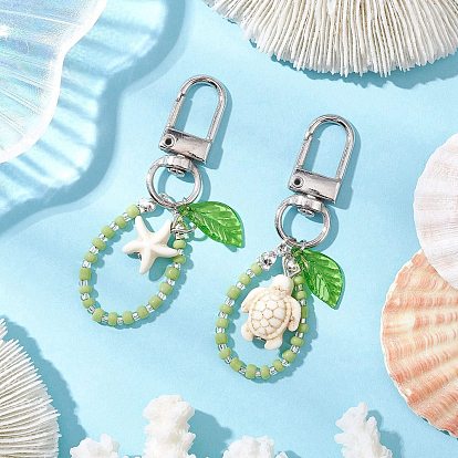 Подвеска в виде морской звезды, черепахи, синтетическая бирюза и стеклянные бусины, с поворотными застежками сплава