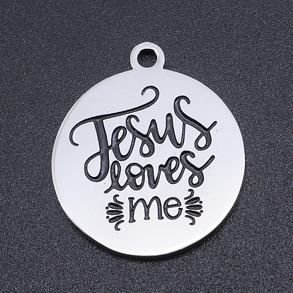 201 Stainless Steel Etched Pendants, Quote Charms, Flat Round with Jesus Loves Me