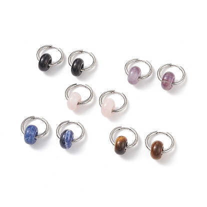 Natural Sodalite & Rose Quartz & Tiger Eye & Amethyst & Obsidian Bead Huggie Hoop Earrings, 201 Stainless Steel Huggie Hoop Earrings