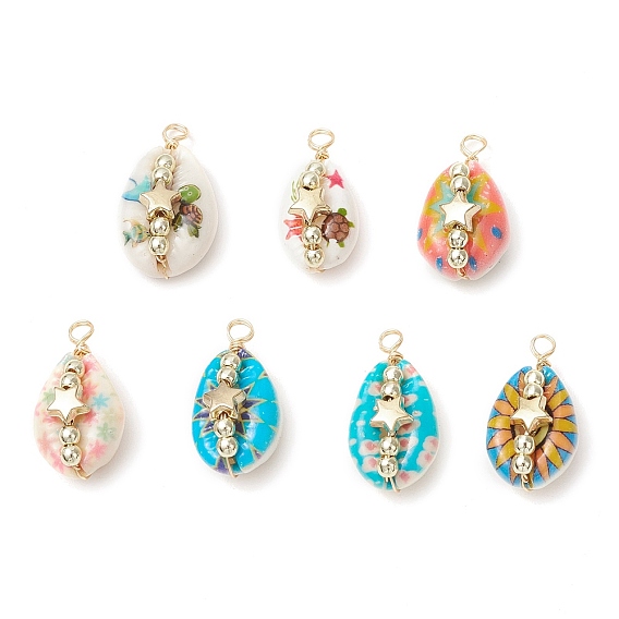 Подвески из натуральной ракушки каури с медной проволокой, с пластиковой звездой ccb и гальваническими немагнитными синтетическими гематитовыми бусинами, разноцветные