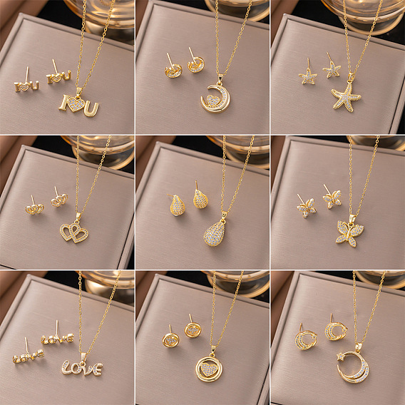 Комплекты из серег-гвоздиков и ожерелий с подвесками из латуни с микропаве из прозрачных кубических цирконий, буква/луна/морская звезда/сердце/слеза/бабочка/плоский круг