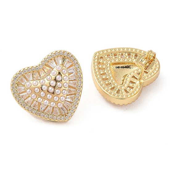 Rack Plating Brass Micro Pave Clear Cubic Zirconia Stud Earring for Women, with Plastic Pearl, Cadmium Free & Lead Free, Long-Lasting Plated, Heart