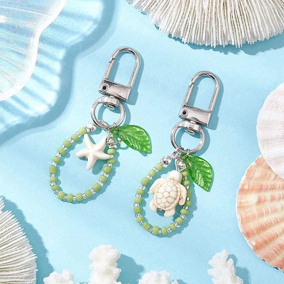 Подвеска в виде морской звезды, черепахи, синтетическая бирюза и стеклянные бусины, с поворотными застежками сплава