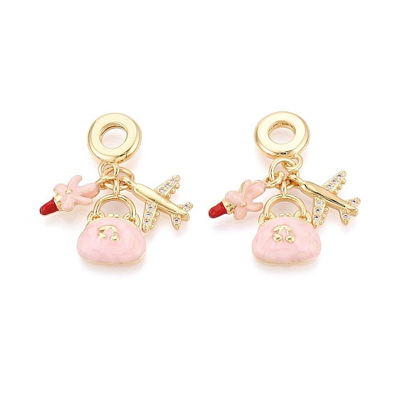 Европейские подвески-шармы из латуни с микропаве из прозрачных кубических цирконий и эмали, сумочка, помада и самолет, Подвески с большими отверстиями, реальный 18 k позолоченный