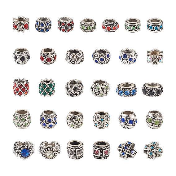 58шт 29 стиль сплав горный хрусталь европейские бусины, бусины с большим отверстием, рондель, бочка, колонна, крест и плоская круглая, античное серебро