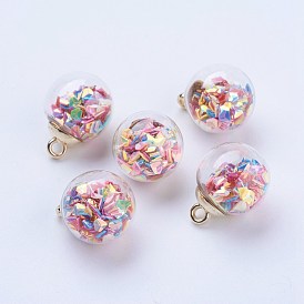Glass Ball Pendants, with CCB Plastic, Round, Golden