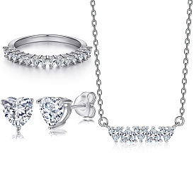 Fashionable Heart-shaped Cubic Zirconia Jewelry Set for Women, 925 Sterling Silver Ring Earrings Necklace Combo (3 Pieces)