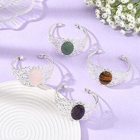 Ovale, hohle Armreifen aus Messing mit floralem Muster und Natursteinverzierungen für Damen