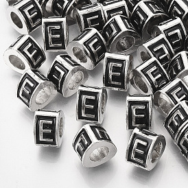 Alloy European Beads, Enamel Style, Large Hole Beads, Triangle with Letter, Platinum, Black