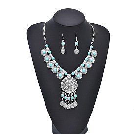 Комплекты ожерелий и серег с подвесками из искусственной бирюзы в виде монеты, сплав ювелирных изделий