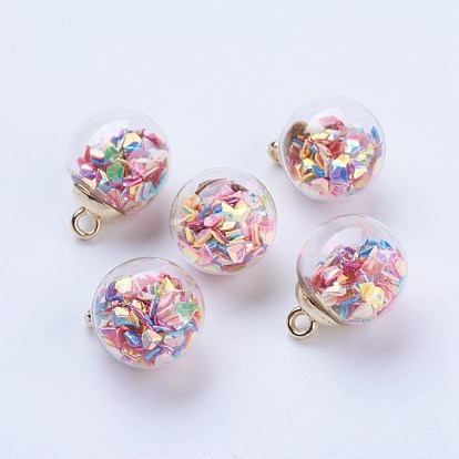 Glass Ball Pendants, with CCB Plastic, Round, Golden
