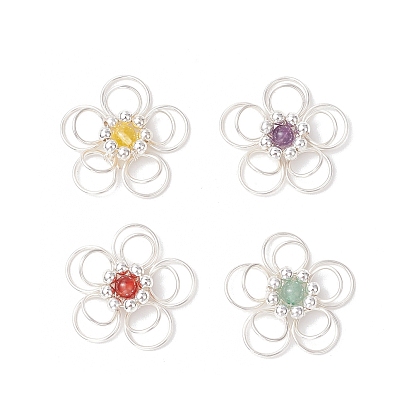 4 шт. 4 стили подвески-цветы из натурального аметиста, кварцевого кристалла, зеленого авантюрина и сердолика, обернутые круглой медной проволокой, серебряный цвет гальваническим, смешанные окрашенные и неокрашенные