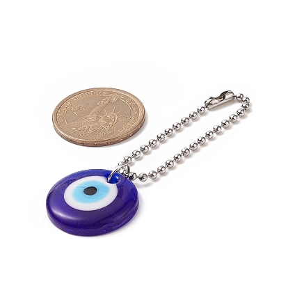 Flat Round with Evil Eye Glass Pendant Decoration, with 201 Stainless Steel Ball Chains
