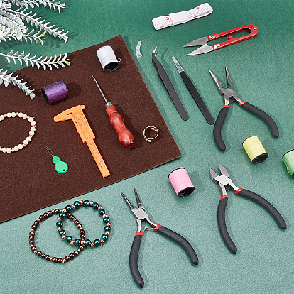 Nbeads Pliers Tool Set, with Anti-static Tweezers, Scissors, Vernier Caliper, Iron Bead Awls, Flocking Self-adhesive Cloth, Needle Threader, Tape Measure, Jump Ring