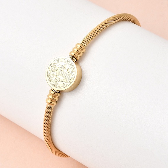 Витые 304 браслеты-манжеты из нержавеющей стали для женщин, плоские круглые с святым Бенедиктом