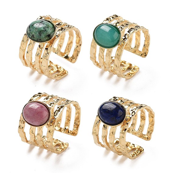 Ионное покрытие (ip) 304 многослойные открытые манжетные кольца из нержавеющей стали, овальное кольцо с натуральным драгоценным камнем для женщин, реальный 18 k позолоченный