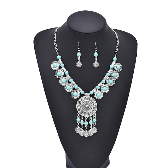 Комплекты ожерелий и серег с подвесками из искусственной бирюзы в виде монеты, сплав ювелирных изделий