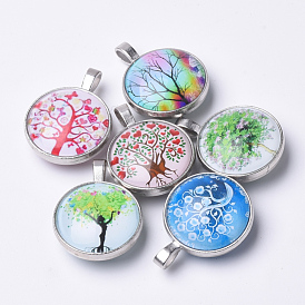 Glass Pendants, with Brass Findings, Flat Round, Tree of Life Theme, Platinum