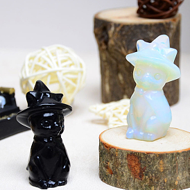Natural & Synthetic Gemstone Witch Cat Sculpture, for Display Home Decoration